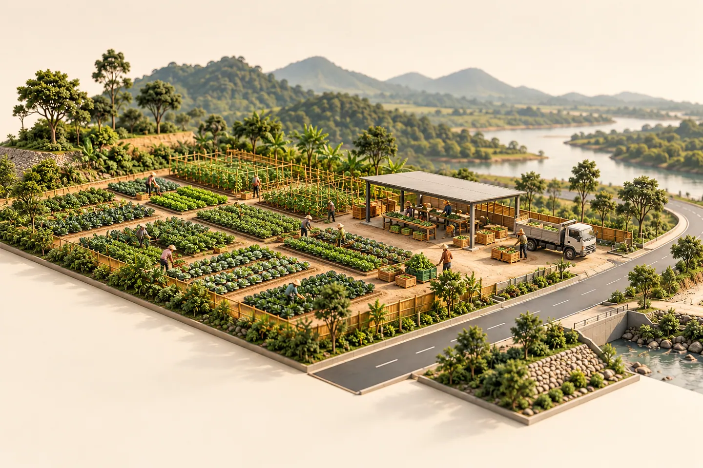 Conceptual landscape of farms, produce collection and roads connecting to market